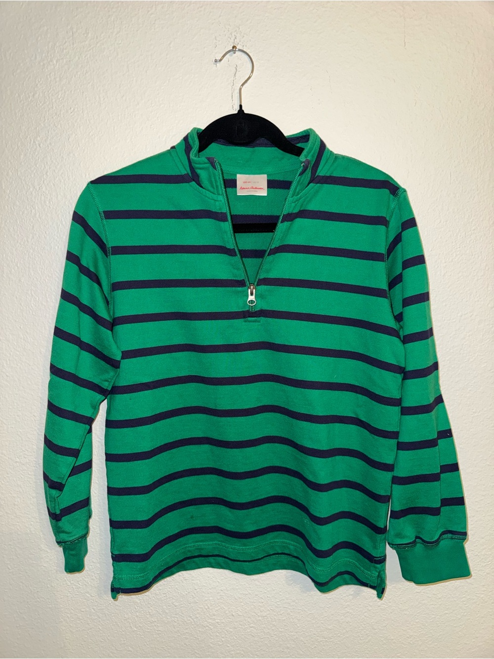 Hanna Andersson Green & Navy Striped Quarter-Zip Sweater